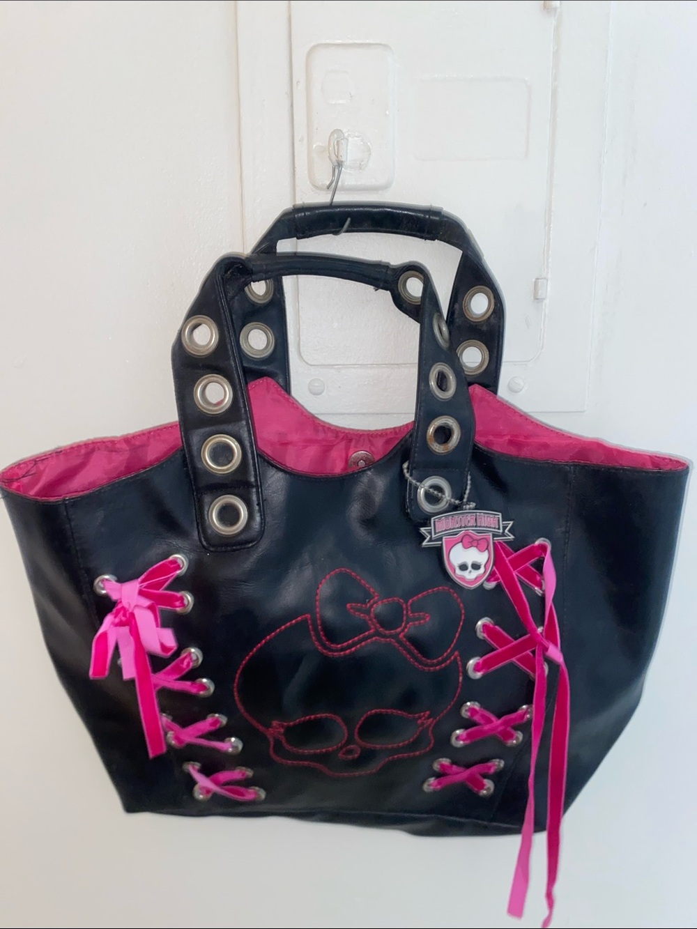 Y2K MONSTER HIGH PINK SKULL CORSET TOTE BAG PURSE FAUX LEATHER